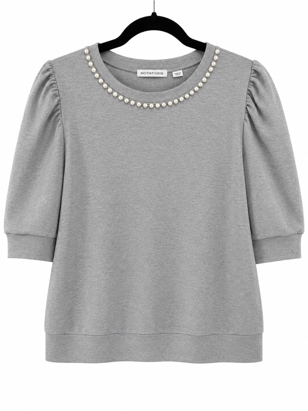 Notations Gray Pearl-Embellished Puff Sleeve Sweatshirt